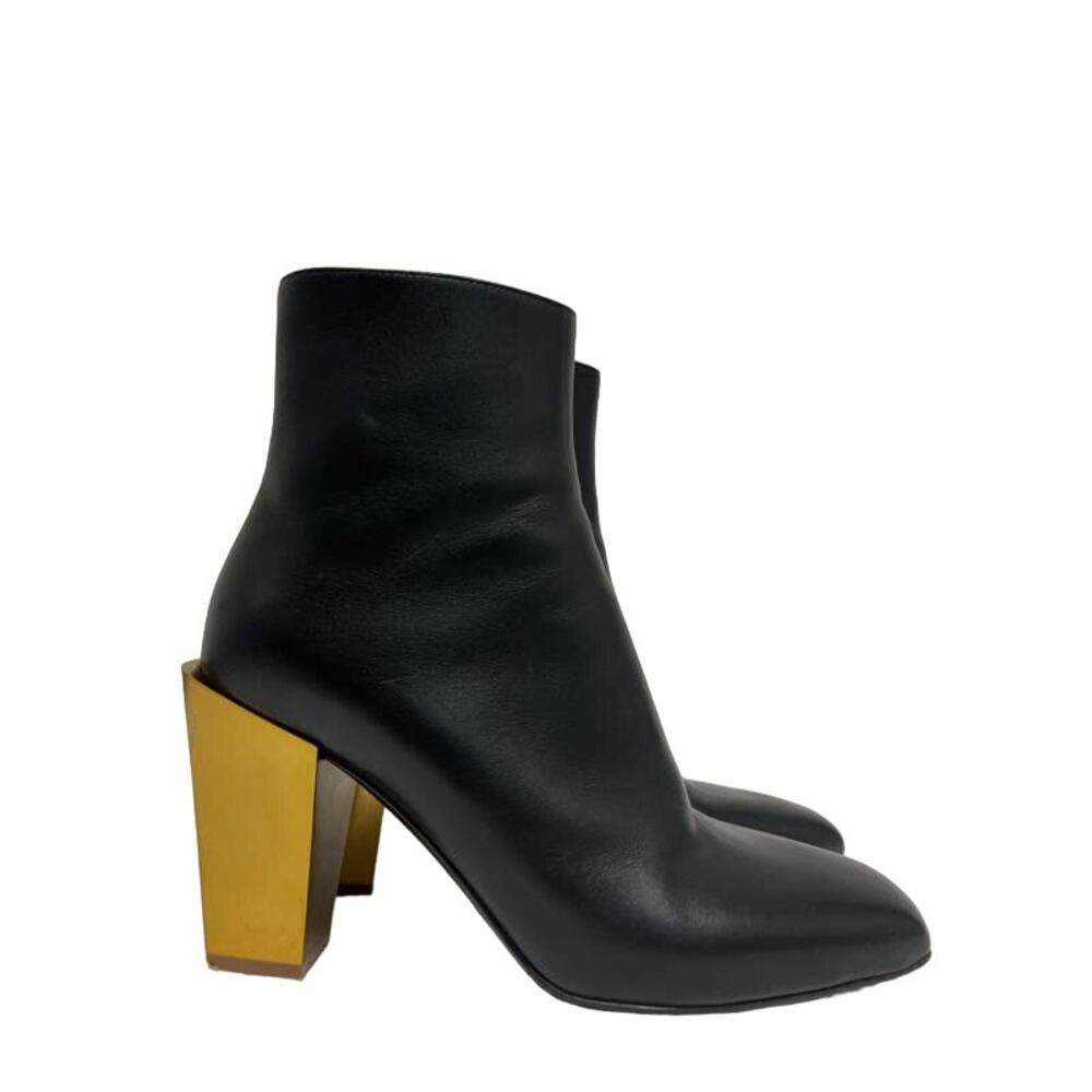 SALVATORE FERRAGAMO Black Leather Gold Block Heels Zip Square Toe Bootie Boots 7 - Picture 7 of 9